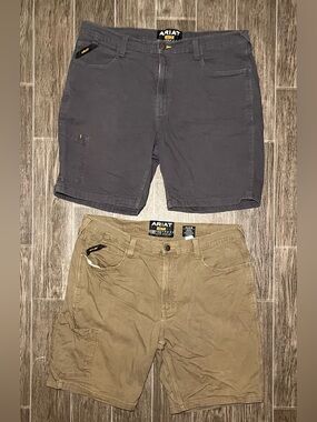 Lot Of 2 Ariat Rebar M4 Low Rise Canvas Shorts Mens 40R Gray Brown Workwear